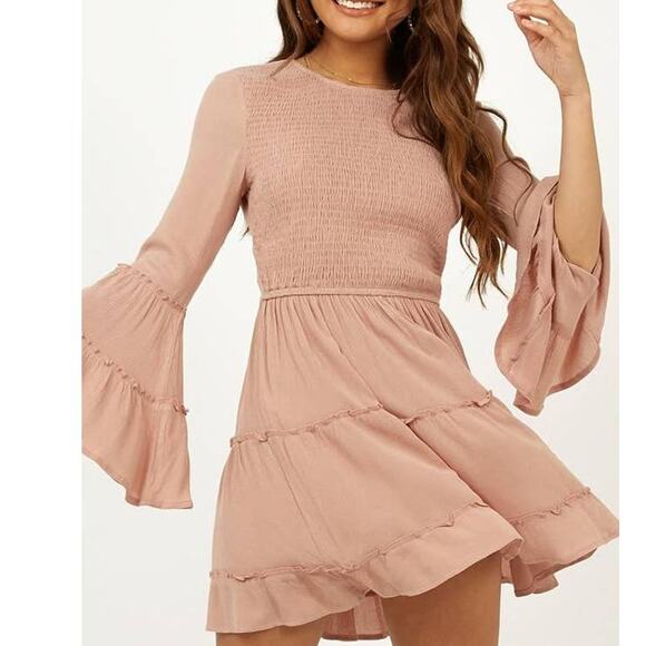 ShowPo Ask Me Later Shirred Bust Bell Sleeve Fit and Flare Boho Dress Mocha 12 - Picture 1 of 10